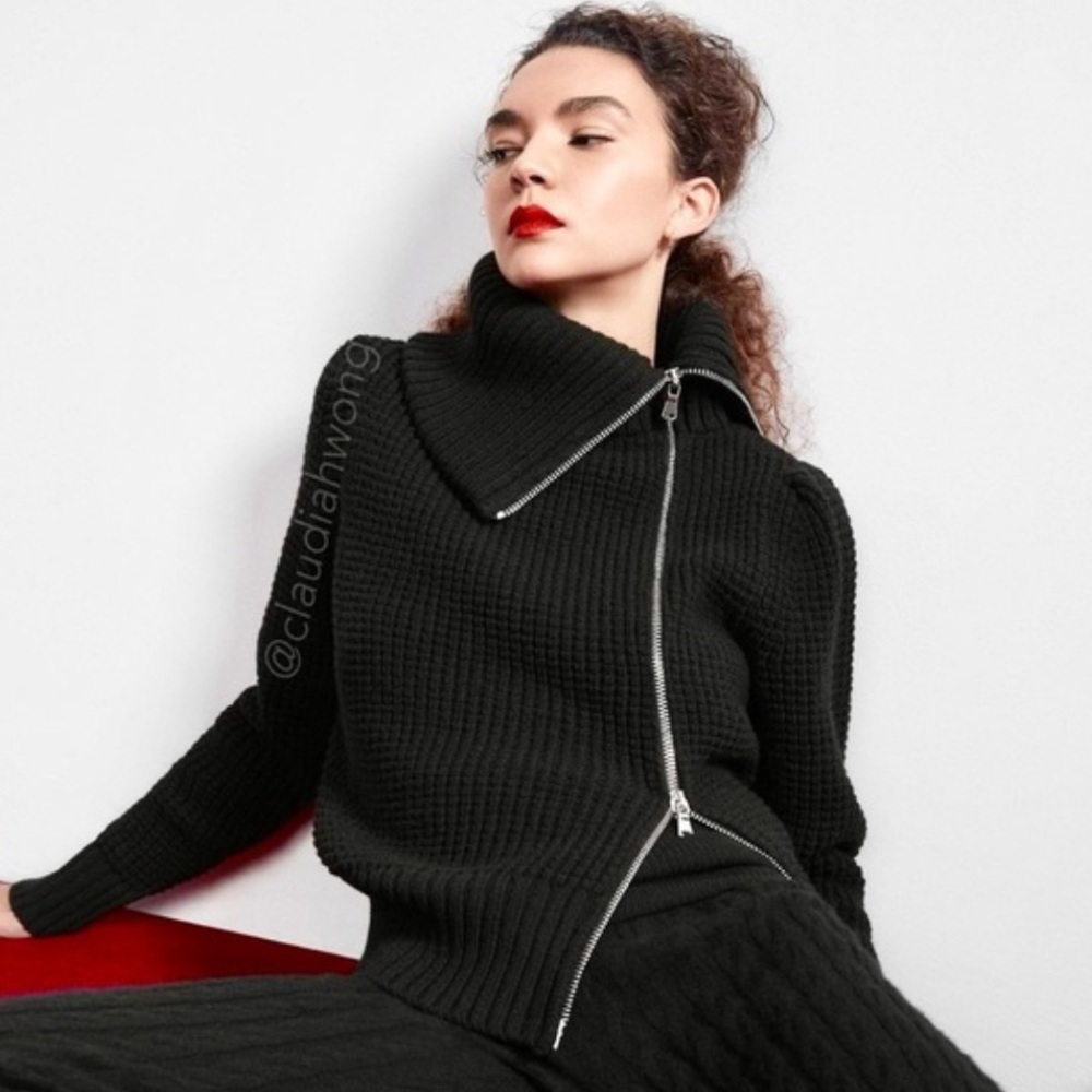 GWYN Chiara Merino Wool Side Zip Waffle Knit Sweater in Black